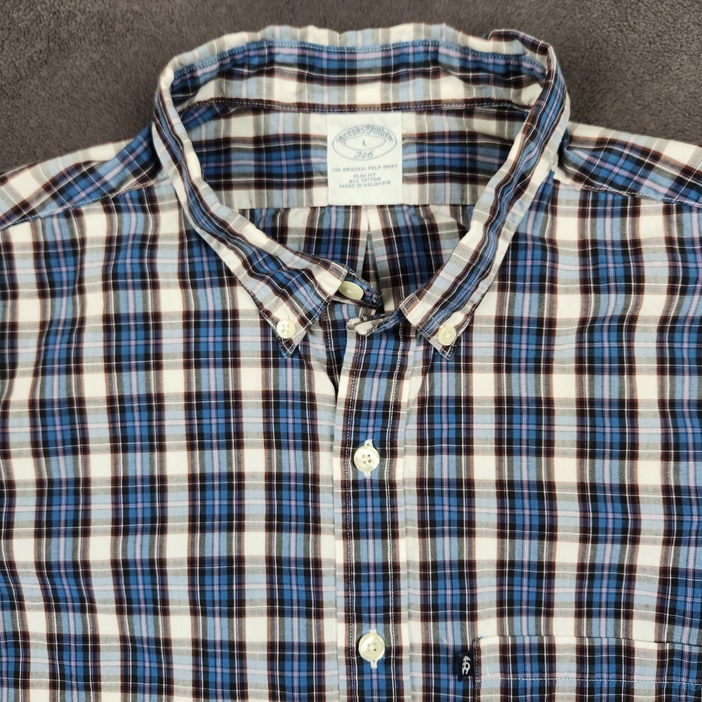 Brooks Brothers Shirt Mens Large Blue Plaid Slim Fit Long‎ Sleeve Button Cotton